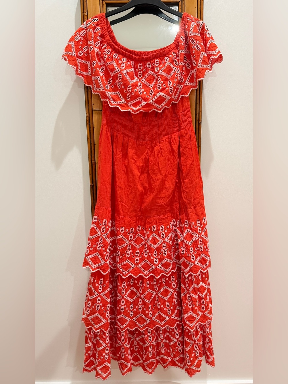 Boutique red cotton embroidered eyelet dress tiered size small